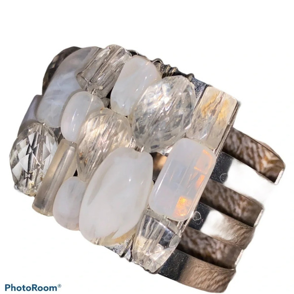 Silver tone chunky Rare  Gem stones Cuff fashion Bracelet - Picture 1 of 4
